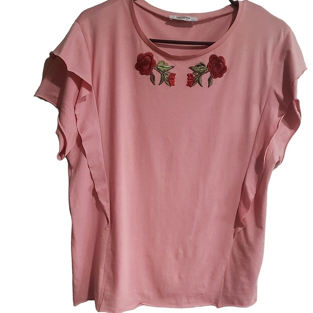 Zara Trafaluc Top S Pink Women's Floral Embroidered Ruffled Bohemian Blouse